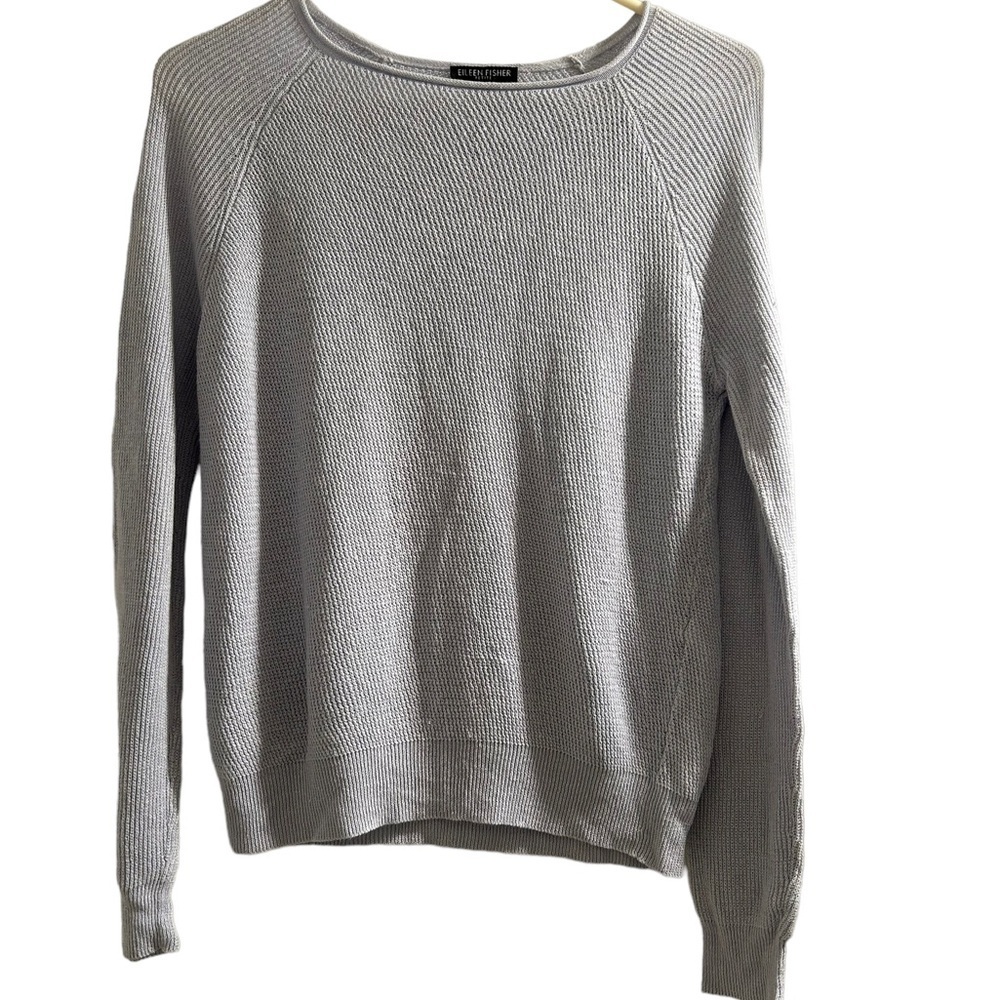 Eileen Fisher Blue Crewneck Cotton Linen Knit Sweater
